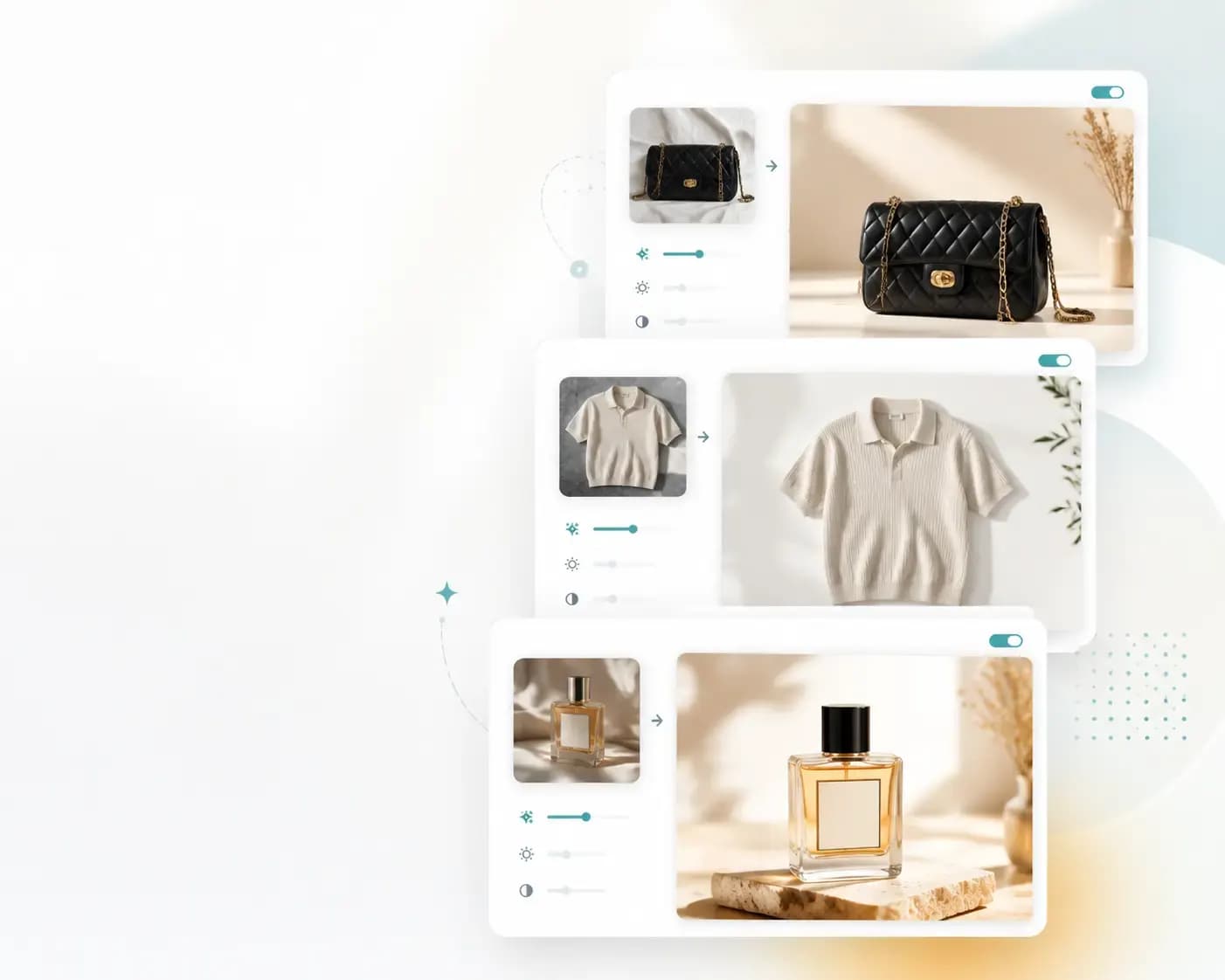 Luforge AI product photo editor with marketplace before and after cards